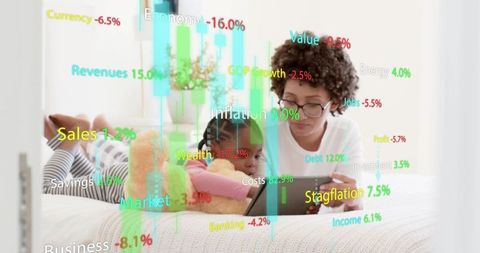 Mother and daughter watching tablet with floating financial data overlay on bed