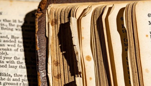 Antique leather-bound book fanning yellowed pages close-up showing torn spine, foxing and texture