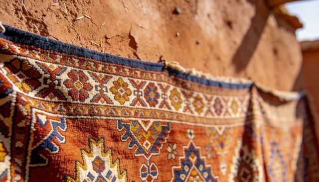 Draping sunlit moroccan rug on adobe wall with geometric motifs and warm shadows