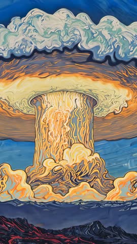 Erupting mushroom cloud rising above ocean horizon cinematic vertical video for apocalyptic scenes