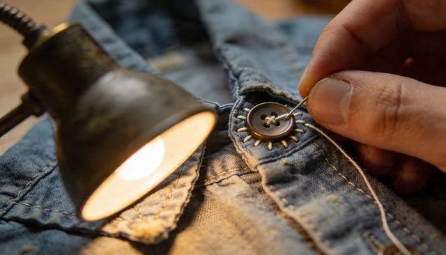 Hand stitching button on denim shirt under lamp glow, close-up tailoring repair craft