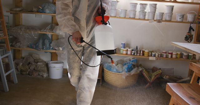 Health worker wearing protective clothes cleaning pottery studio using disinfectant sprayer. hygiene and social distancing in the pottery studio during coronavirus covid 19 pandemic.