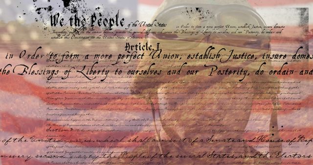 Digital composite image of us constitution text against waving us flag and american soldier. american democracy concept