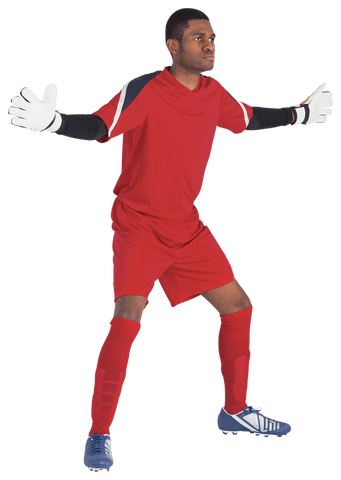 Confident goalkeeper in red uniform on transparent background