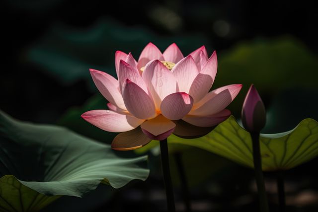 Pink and yellow lotus flower and leaves on dark background, created using generative ai technology. Nature, tranquility, rebirth and spirituality concept digitally generated image.