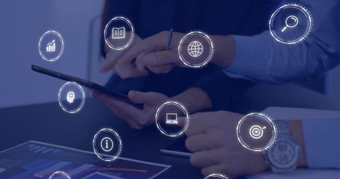 Business Professionals Engaging with Digital Interface Icons - Download Free Stock Images Pikwizard.com