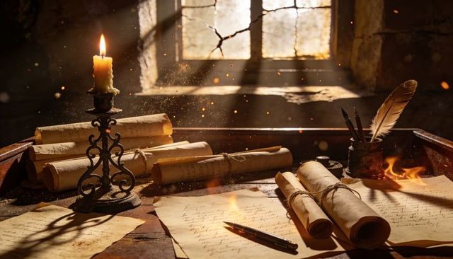 Casting candlelight on quill and ancient scrolls at rustic wooden desk