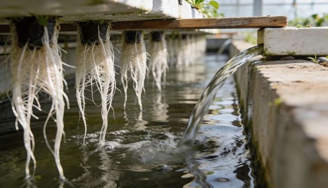 Hydroponic roots bathing in nutrient flow with water spout and rippling reflections