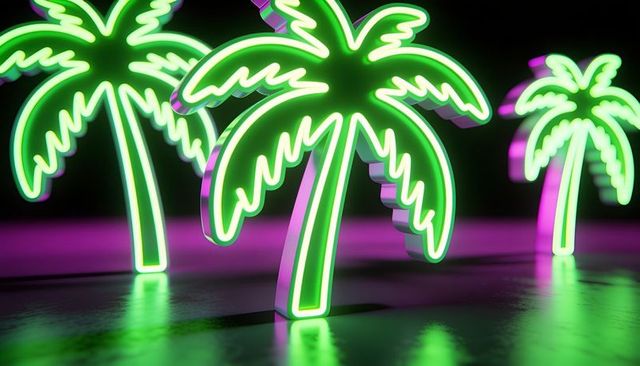 Neon palm trees casting lime and magenta glow on reflective tabletop evoking retro nightlife