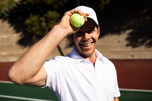 This image depicts a cheerful Caucasian man in tennis attire, enjoying a sunny day on the tennis court. He is smiling at the camera while holding a tennis ball and adjusting his cap. This image is perfect for use in sports-related content, advertisements for tennis gear, active lifestyle promotions, or recreational activity features.