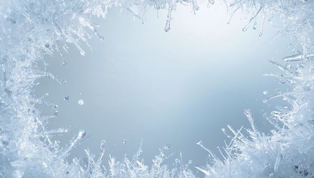 Translucent frost rim of ice crystals and tiny icicles framing soft blue center macro