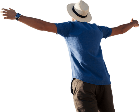 Man with Arms Raised in Obvious Euphoric Transparent Pose
