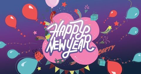 Happy New Year Celebration with Colorful Balloons and Decorations