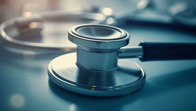 Stethoscope Gleaming on Desk with Professional Focus and Copy Space