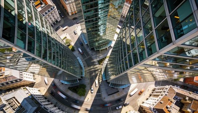 Tri-tower curved glass skyscrapers framing circular roundabout, top-down city reflection