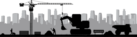 Industrial construction scene with crane and excavator on transparent background