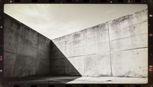 Poured concrete courtyard casting sharp triangular shadow minimalist brutalist composition