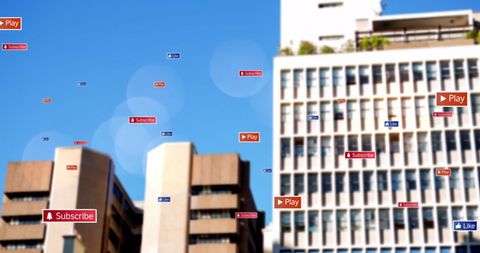 Social media icons over urban landscape
