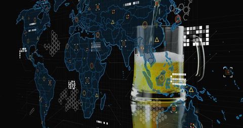 Foamy beer mug reflecting global data map with digital visualization and tech overlay
