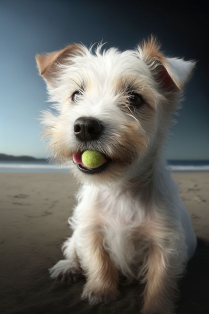 Portrait of white cute dog with ball in mouth on beach, created using generative ai technology. Dog, animal and pet concept digitally generated image.