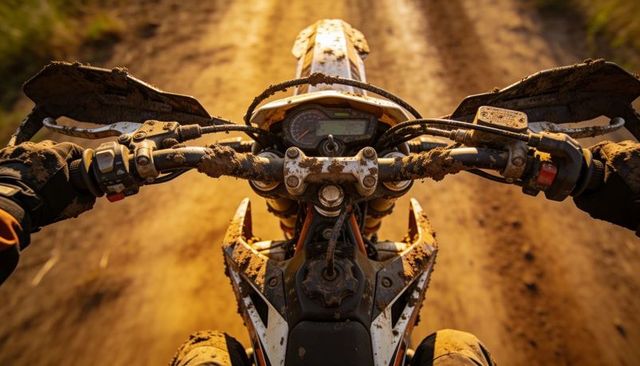 Riding muddy dirt bike trail at golden hour cockpit view gripping handlebars adventure
