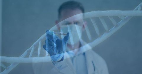 Doctor Holding COVID-19 Vaccine with DNA Strand Overlay