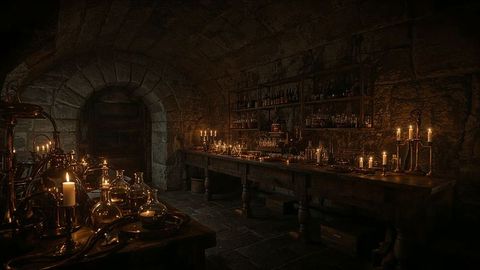 Medieval laboratory with candles and alembics in stone cellar