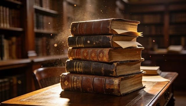 Sunlight Revealing Dust Motes over Stack of Antique Leather-Bound Books on Wooden Desk