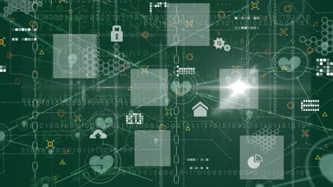 Futuristic Digital Network Grid with Data Icons on Green Background