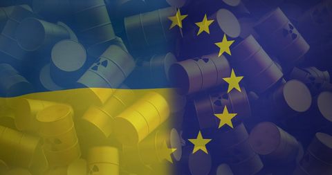 EU and Ukraine Flags Overlay on Nuclear Barrels Background
