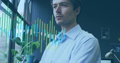 Corporate analyst gazing out window analyzing charts and analytics overlay