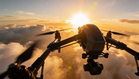 Soaring multirotor drone capturing golden hour aerial footage above clouds