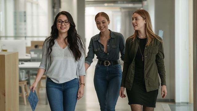 Young professional women walking and chatting in modern open office corridor