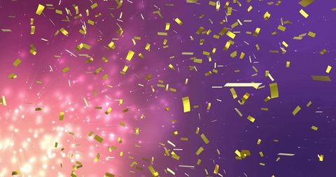 Shimmering gold confetti drifting across purple pink light burst party background