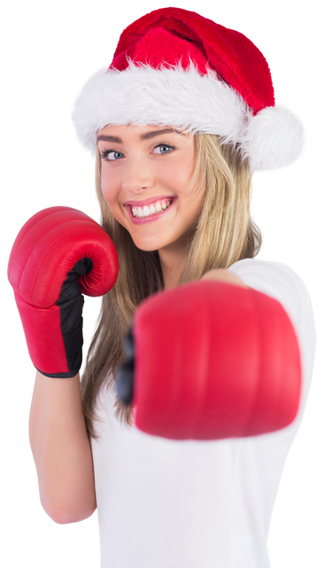 Smiling Woman in Santa Hat with Boxing Gloves on Transparent Background - Download Free Stock Videos Pikwizard.com