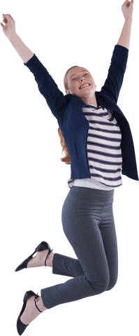 Joyful businesswoman jumping achieving success celebration transparent background