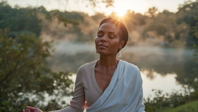Serene meditation at sunrise by peaceful lakeshore