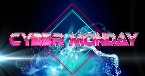 Cyber monday neon text with digital wave background