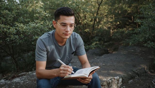 Young man journaling on forest rock, writing with pen and glasses for focus and reflection