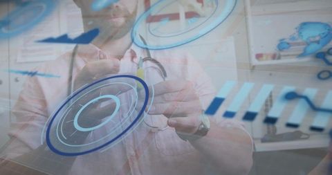 Male doctor tapping augmented reality medical interface in clinic with stethoscope and smartwatch
