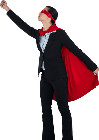 Woman in business attire pretending to be superhero with transparent red cape