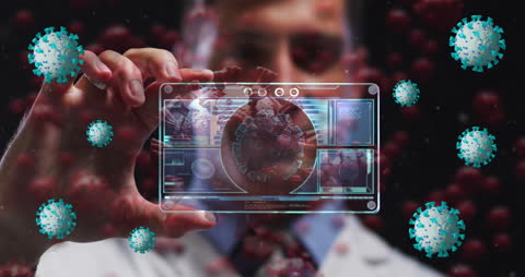 Scientist Analyzing Virus Data with Virtual Interface