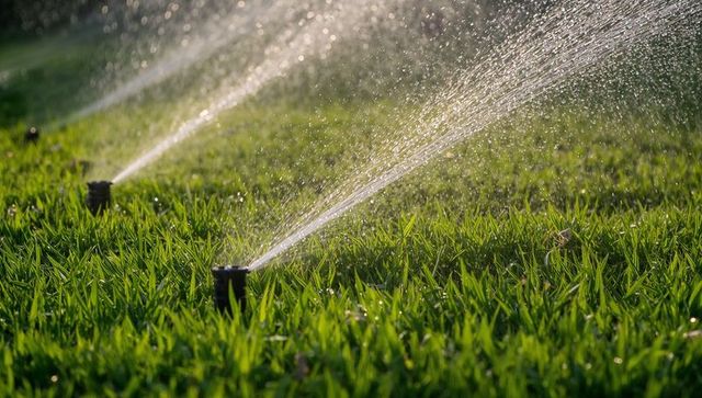 Sunlit Pop-Up Sprinklers Irrigating Lush Green Lawn with Backlit Water Droplets