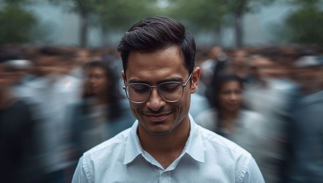 Young man wearing round glasses finding calm and smiling with eyes closed amid busy crowd