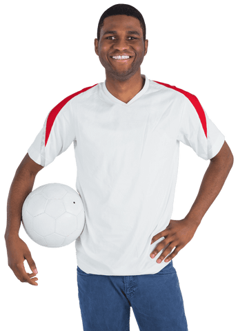 Smiling Soccer Enthusiast Holding Ball on Transparent Background