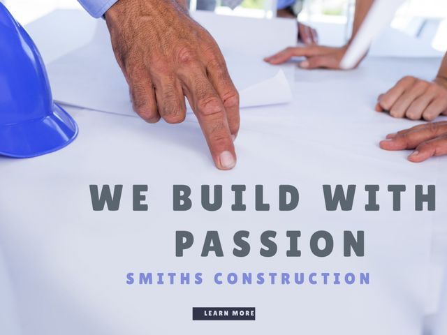 Image shows construction workers' hands examining a blueprint. This image is suitable for illustrating themes of teamwork, collaboration, commitment, and project planning in the construction industry. It is ideal for use in construction company marketing materials, architectural firms' websites, engineering consultancies, and articles related to building and construction projects.