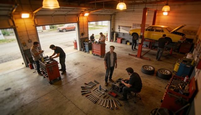 Mechanics collaborating on engine rebuild in busy garage with yellow car lift and tools