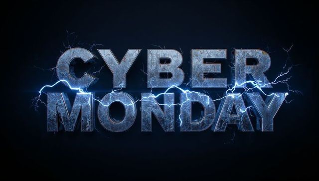 Cyber Monday Neon Electric 3D Metallic Text with Blue Lightning and Circuit Texture