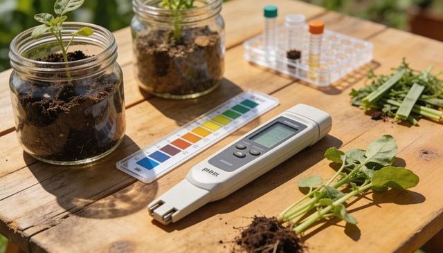Digital ph meter measuring soil ph on sunlit wooden table with seedlings and color chart
