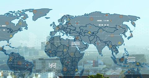 Global data overlaying urban skyline with geospatial analytics and network visualization
